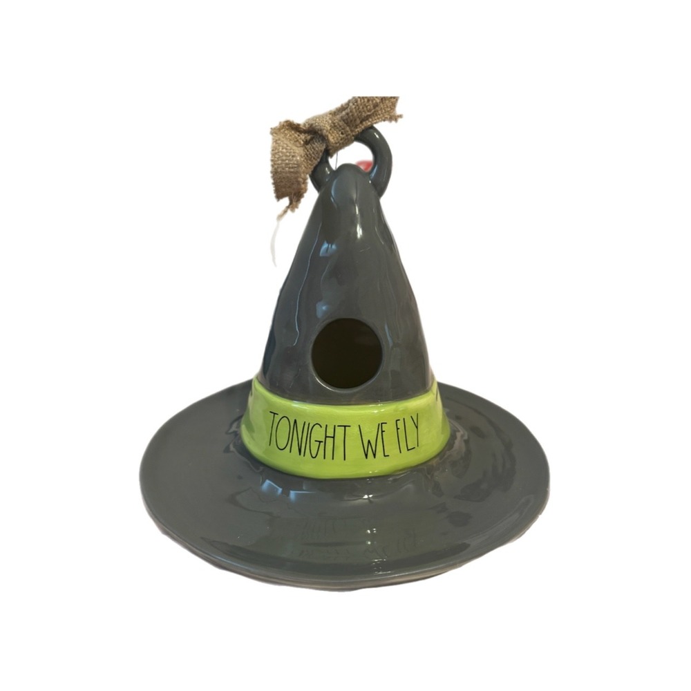 Rae Dunn Tonight We Fly Witch Hat Birdhouse Ceramic Halloween Decor Gray Green